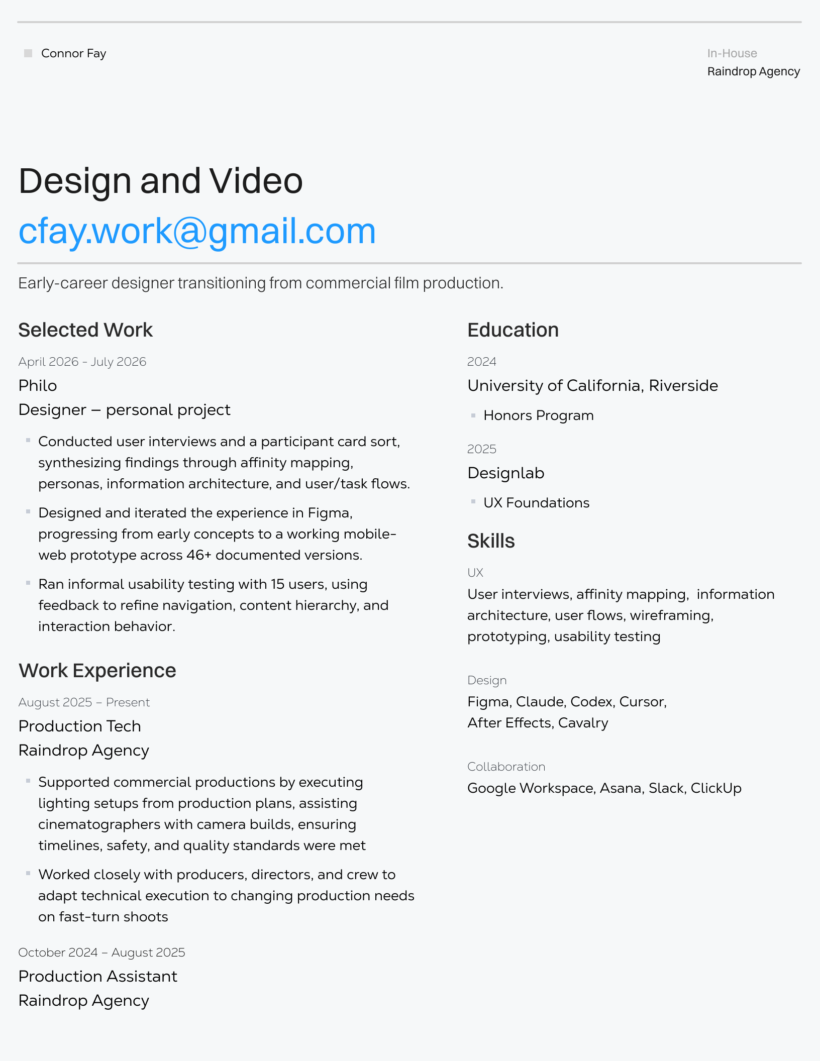 Connor Fay’s one-page résumé. Open the original PDF above for selectable text, or use Download PDF to save a copy.