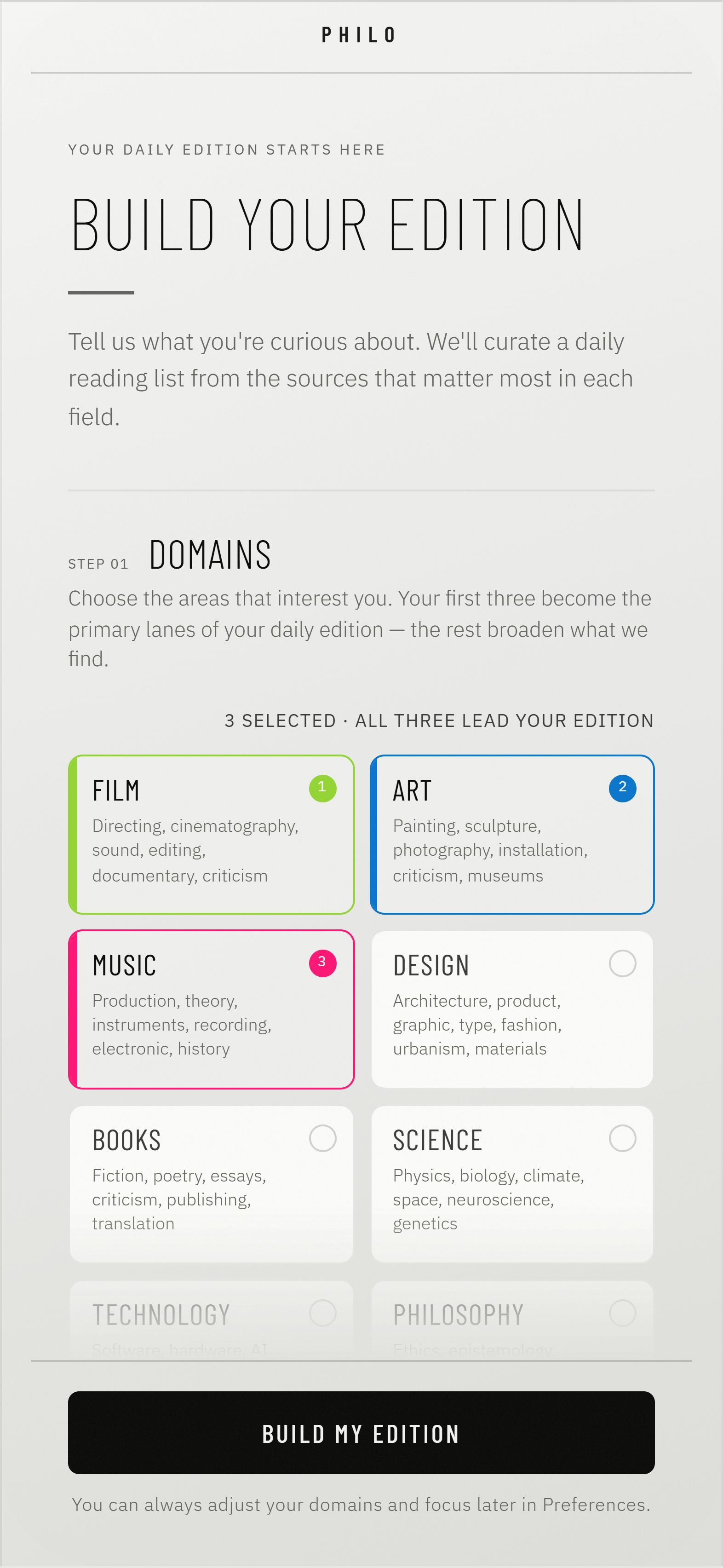 Philo onboarding, with Film, Art and Music selected.