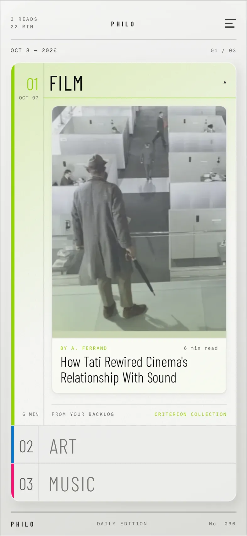 The Film slot opened: How Tati Rewired Cinema’s Relationship With Sound, marked as coming from your backlog.