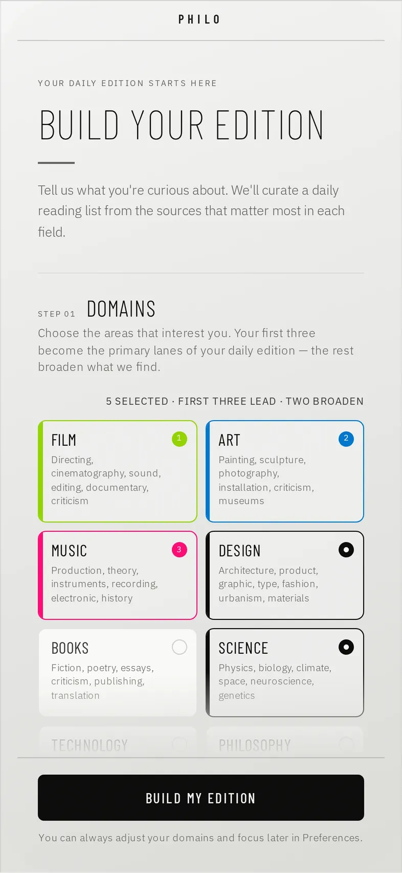 Onboarding with five domains selected: Film, Art and Music lead in green, blue and pink; Design and Science broaden in black.