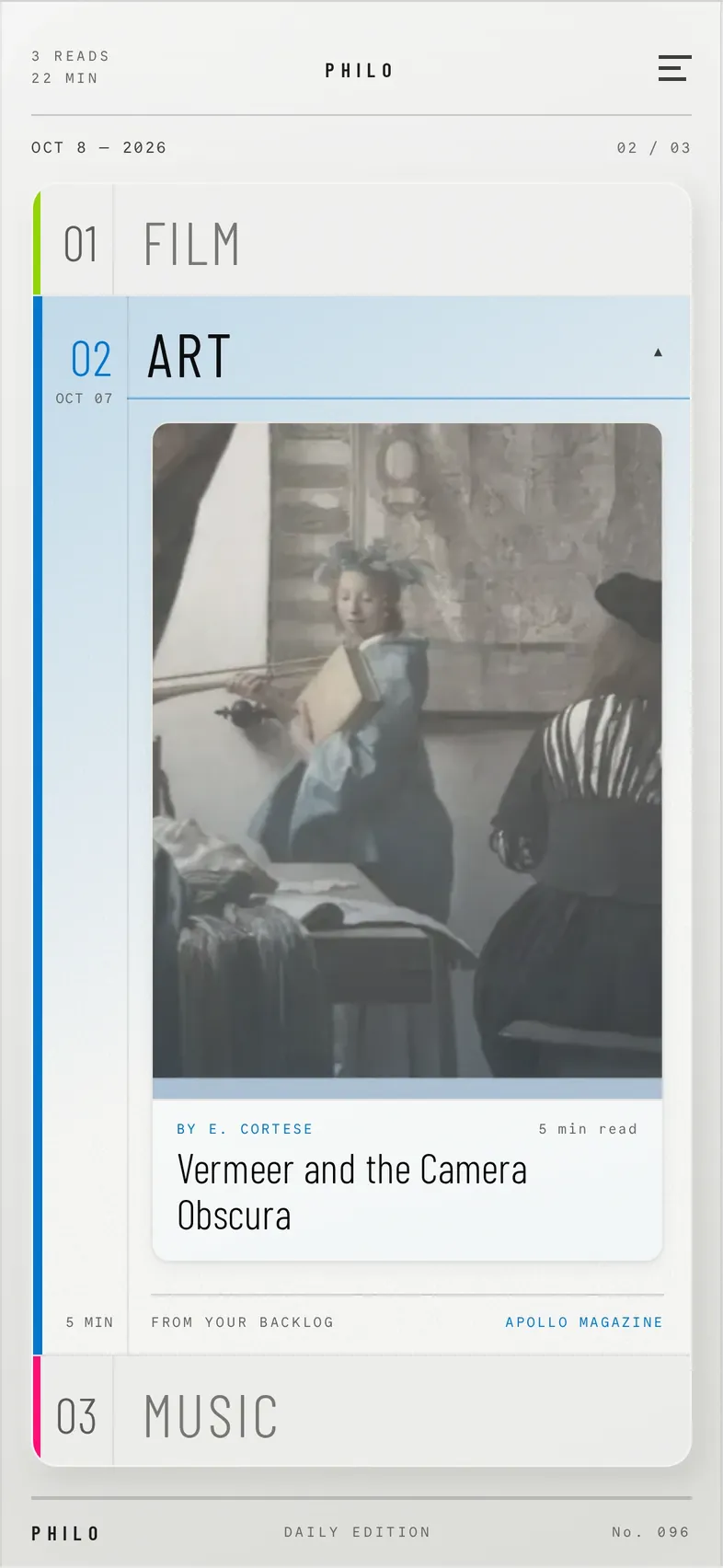 The Art lane open: Vermeer and the Camera Obscura in full color, with Film and Music held above and below.