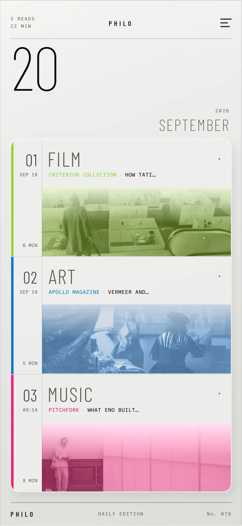 The edition for 20 September: Film, Art and Music at rest, before a panel opens.
