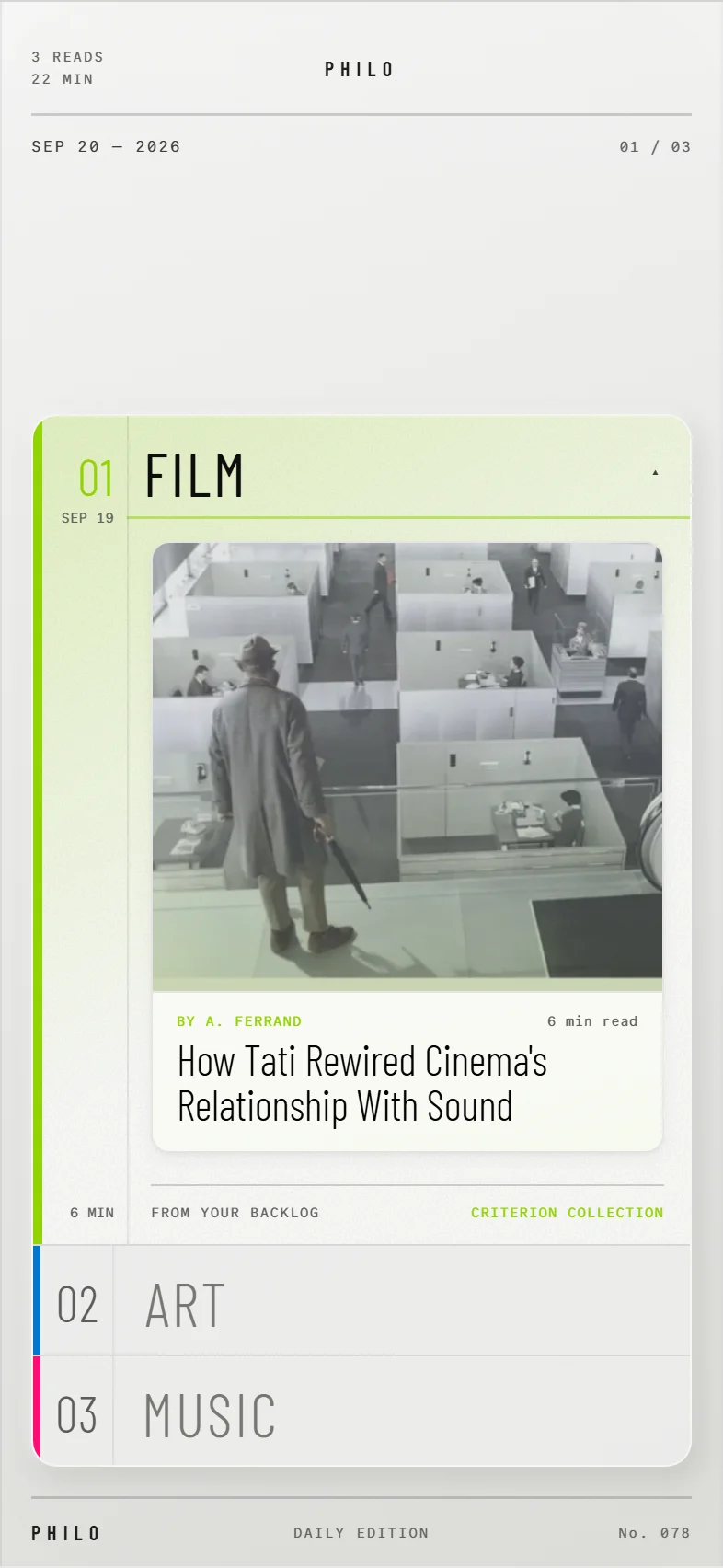 The Film panel expanded, with Art and Music held as strips below it.