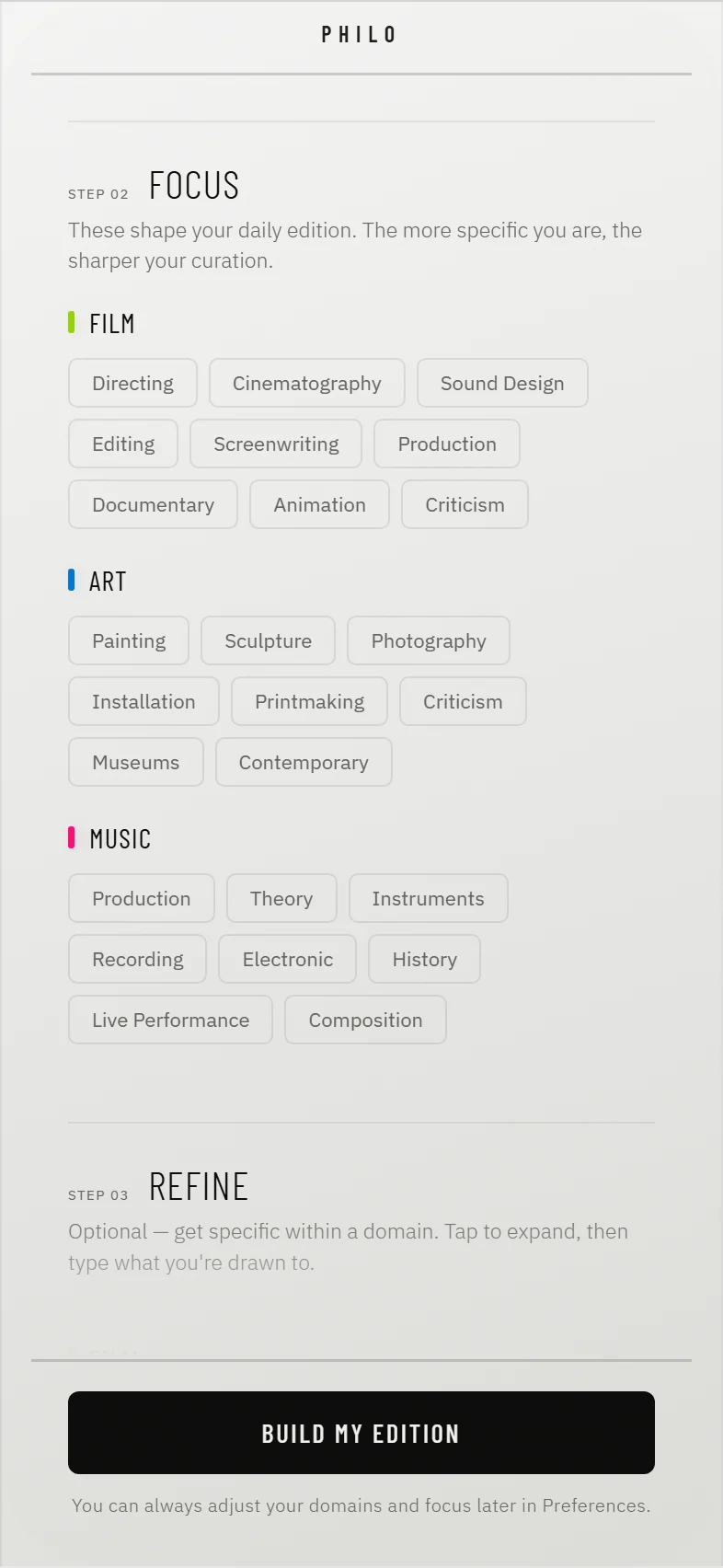 The Focus step below Domains, with specific interests for each chosen domain.