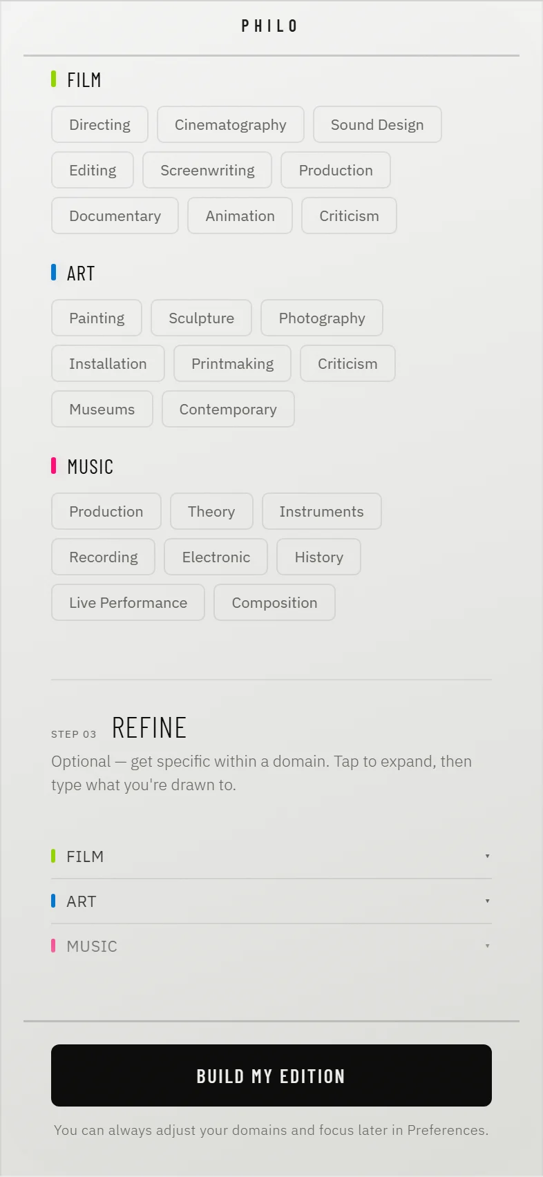 The optional Refine text field at the end of onboarding.