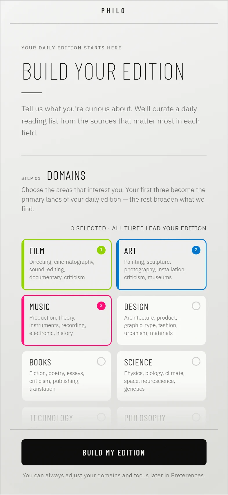 Onboarding after three domains are chosen. Build My Edition is active; Focus is below the fold.