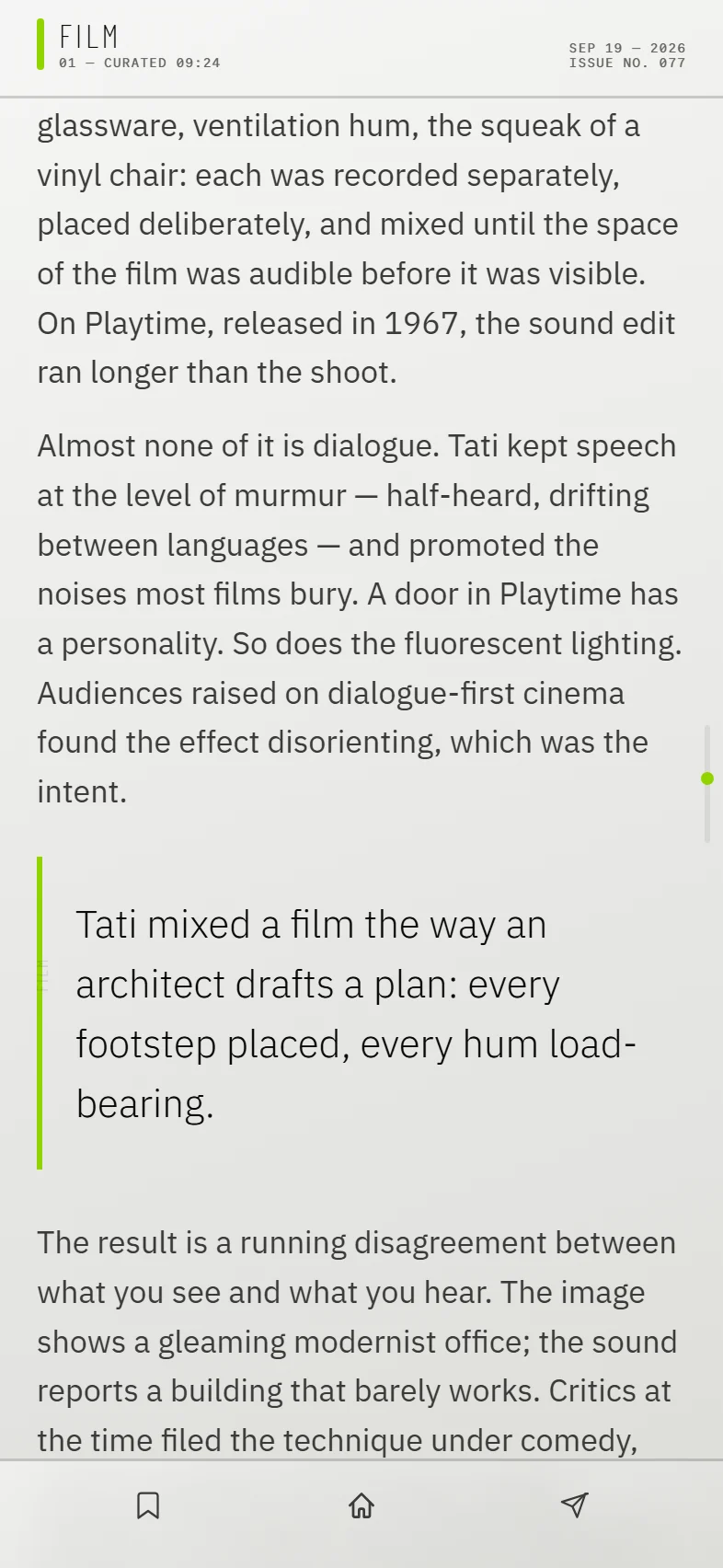 The middle of the Film article, with the position mark active along its right edge.