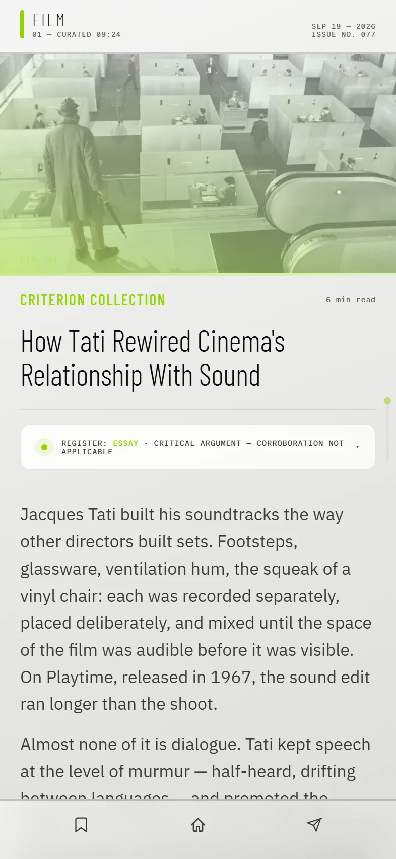 The selected Film article opened over the edition in the reader.